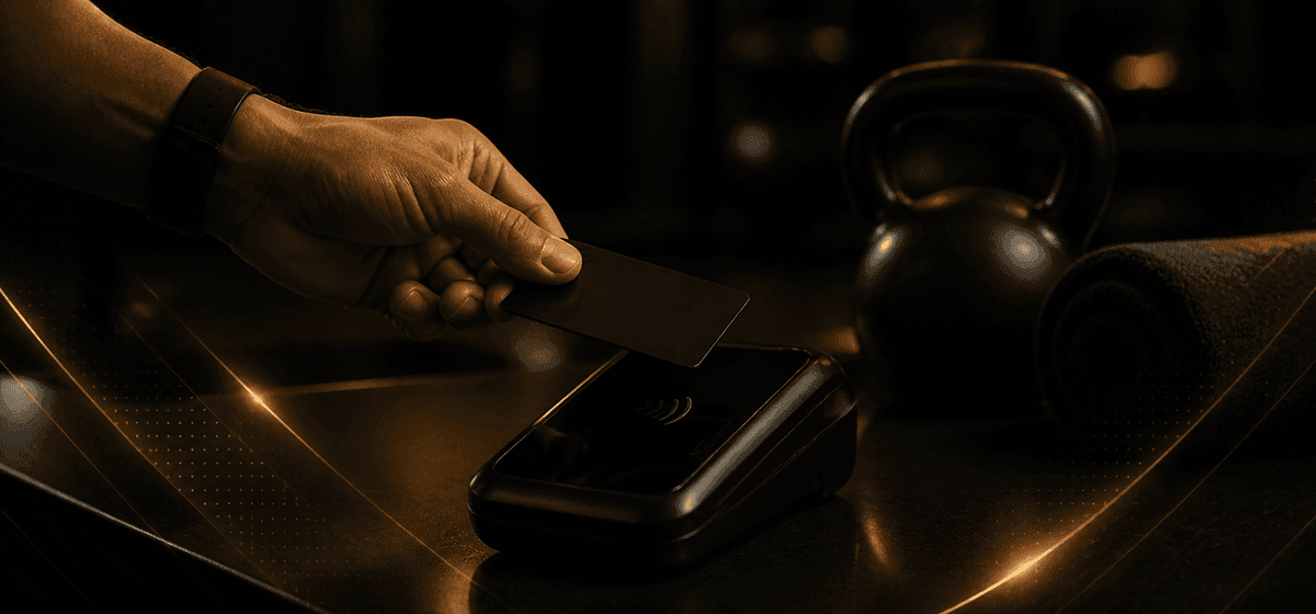 Een contactloze betaling naast fitnessmateriaal