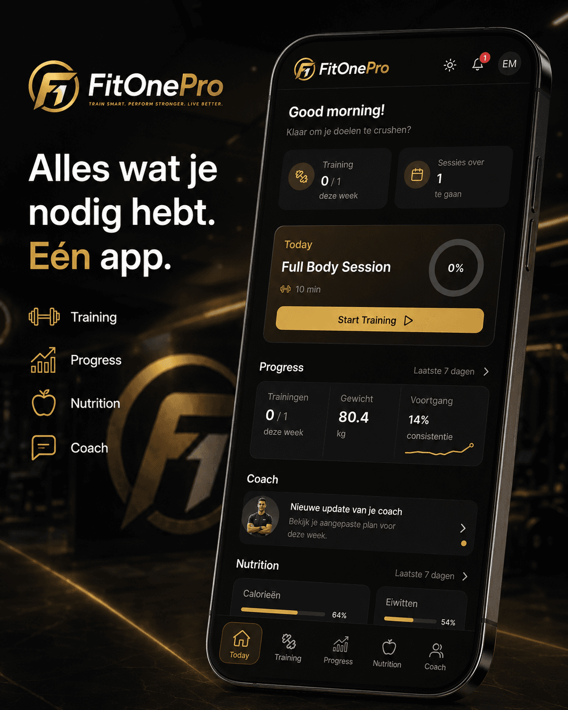FitOnePro client app met training, voortgang en coachcode registratie