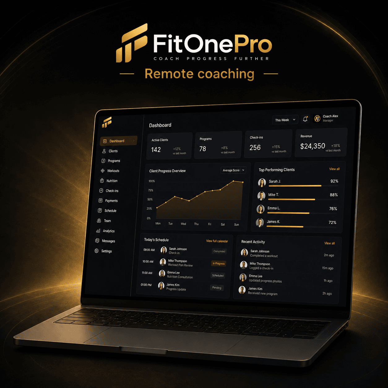 FitOnePro marketing hero met manager dashboard en client app