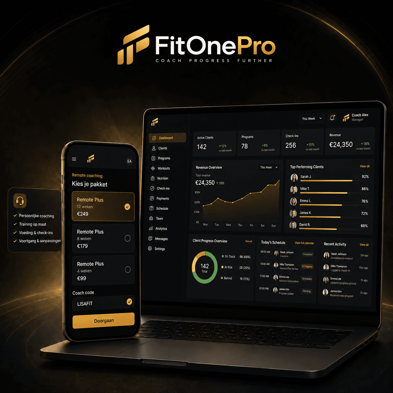 FitOnePro remote coaching flow met pakketten, registratie en clientbegeleiding