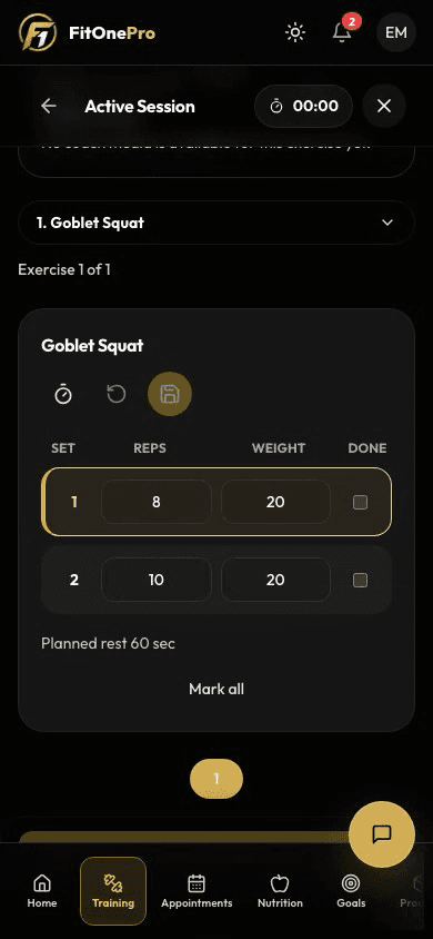 FitOnePro Client App met een actieve workout en oefening