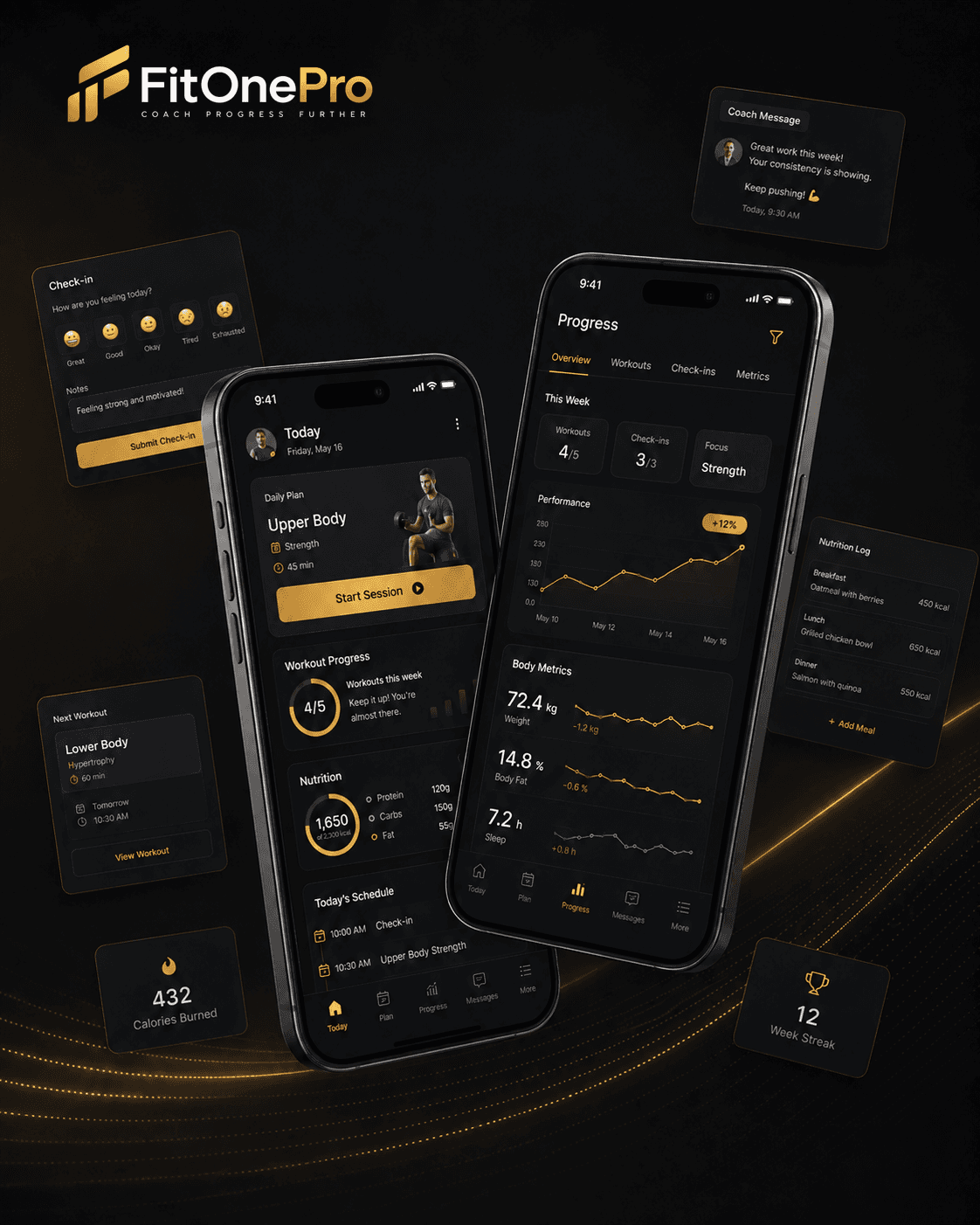 FitOnePro client app with training, progress and AI Coaching