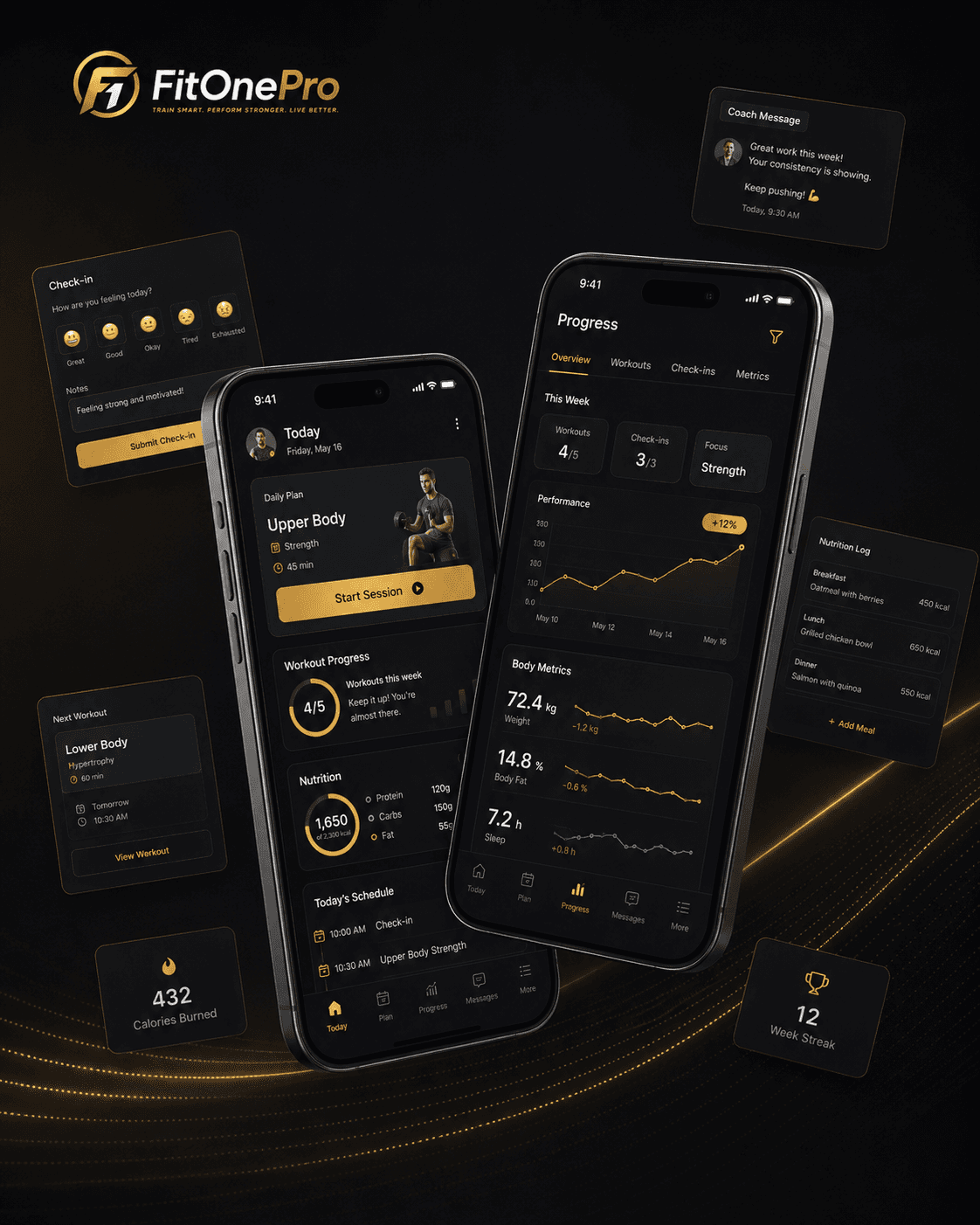 FitOnePro client app with training, progress and coach-code registration