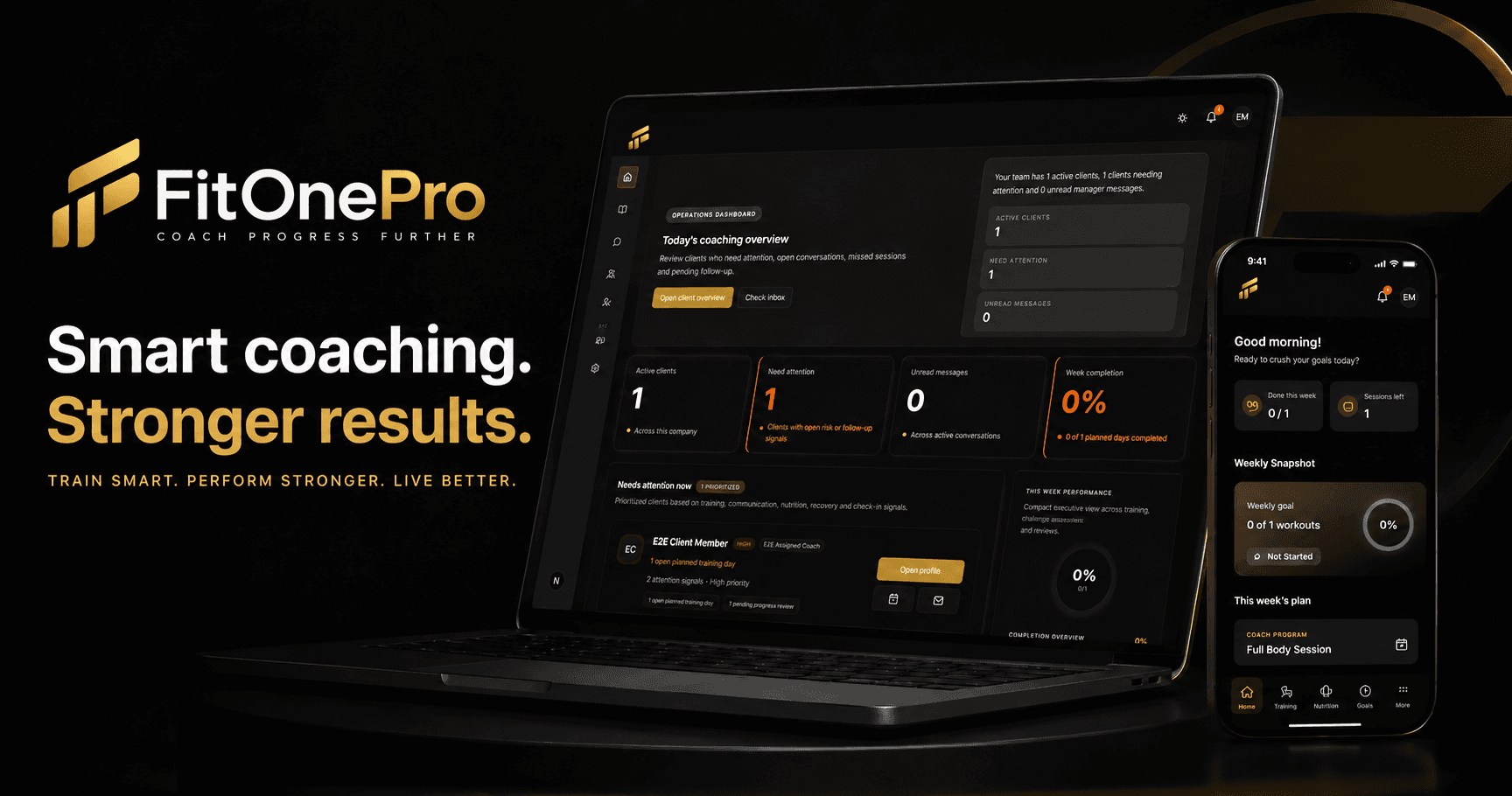 FitOnePro marketing hero with manager dashboard and client app
