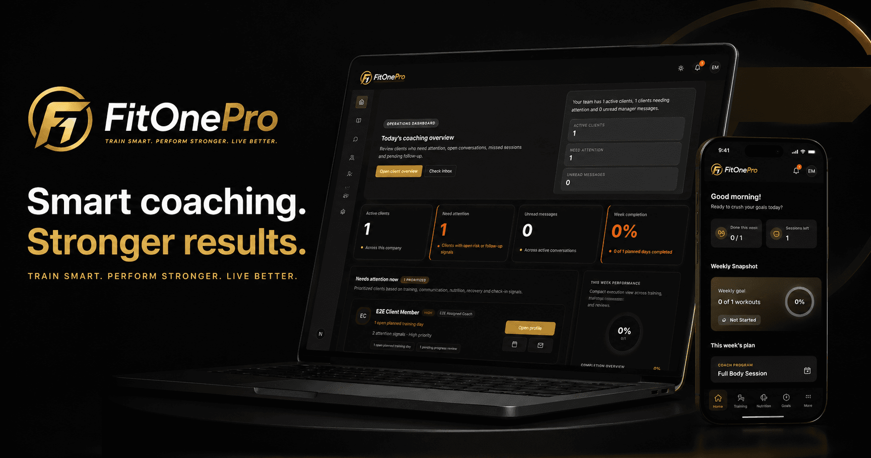FitOnePro marketing hero with manager dashboard and client app