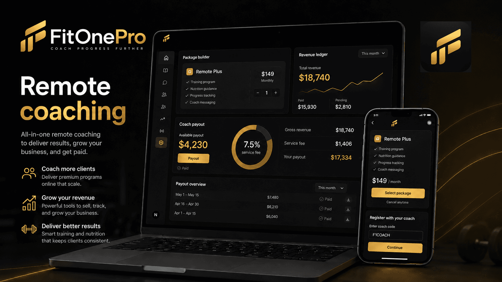 FitOnePro remote coaching flow with packages, registration and client coaching
