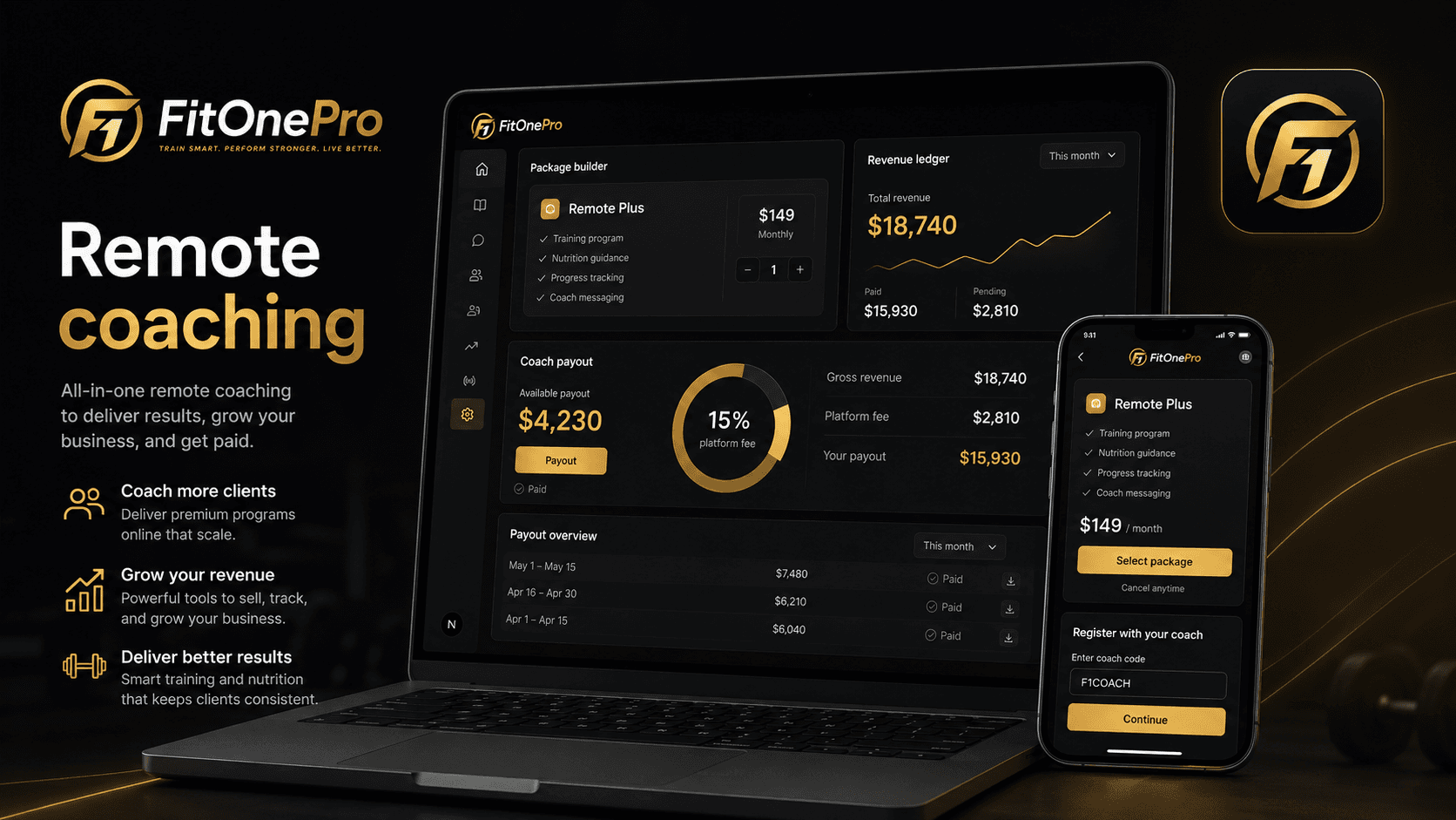 FitOnePro remote coaching flow with packages, platform fee and registration